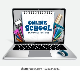 Online school e-learning vector concept design. Online school text in laptop device with notepad, mouse and ball pen elements for home study education background. Vector illustration