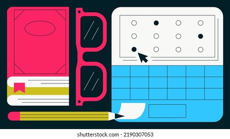 Online School Exam Flat Vector Illustration. Stack Of Books With Glasses, Laptop With Exam Interface And Pencil. Back To School, Finals And Graduation Concept. Simple Colourful Cartoon Design.