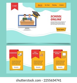 Online school flat landing page website template. Homework, call to class, interactive board. Web banner with header, content and footer. Vector illustration.