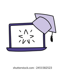 Online school graduate in doodle style. Isolated on white background