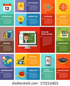 Online school icon with various elements related to the world of education