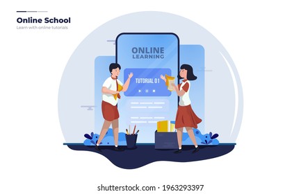 Online school illustration, Students learn with online tutorials
