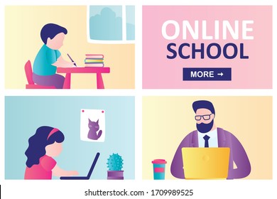 Online school landing page template. Children stay home and engaged on computer. Male teacher or tutor distance learning kids. Girl and boy watching online lesson.Education concept.Vector illustration