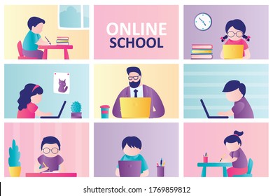 Online school landing page template. Children stay home and engaged on computer. Male teacher or tutor distance learning kids. Girls and boys watching online lesson. Education concept. Trendy Vector 