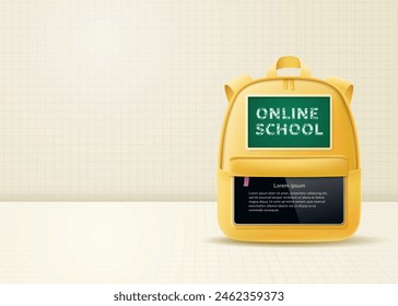 Online school learning concept. A backpack with a school board and an Internet tablet on the background of a checkered notebook. Vector illustration.