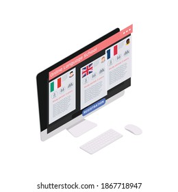 Online school for learning languages 3d isometric vector illustration