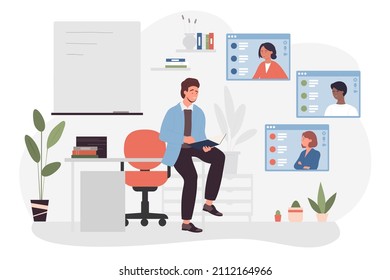 Online school lesson or lecture with children classmates and teacher vector illustration. Cartoon kids students listen man, using video call app for meeting. Education, e-learning, webinar concept