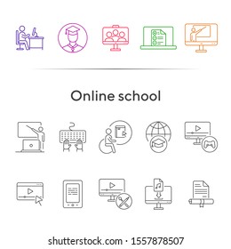Online school line icon set. Seminar, online lesson, lecture. Web education concept. Can be used for topics like tutorial, knowledge, online university