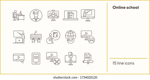 Conjunto de iconos de línea escolar en línea. Seminario, lección en línea, conferencia. Concepto de educación web. Se puede usar para temas como tutorial, conocimiento, universidad en línea