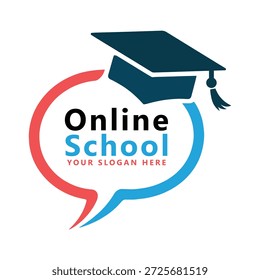 Logotipo escolar online com boné de formatura e design de bolha de fala