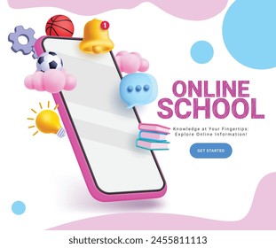 Online school mobile phone vector design. Back to school online course e learning home page with mobile phone elements for virtual education application background. Vector illustration online school 