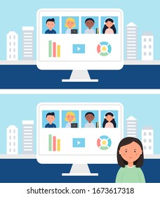 Online School or Office Team Business Meeting, Conference or Class. Stay and Work from Home Concept Vector Illustration. 