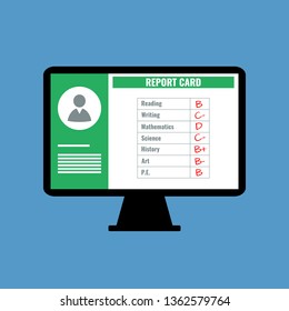 Online School Report Card With B C D Grades, Flat Design Vector Illustration