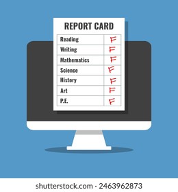 online school report card with F grades, online education final year results, flat design vector illustration