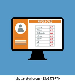 Online School Report Card With A Plus Grades, Flat Design Vector Illustration
