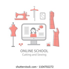 Online  school of sewing illustration set. Mannequin, sewing machine, notebook, patterns, buttons, needles. Vector illustration. For sewing workshops, online courses, schools sewing and modeling