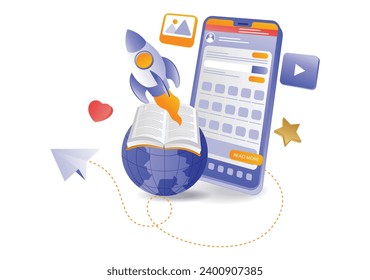 Online school with smartphone application flat isometric illustration