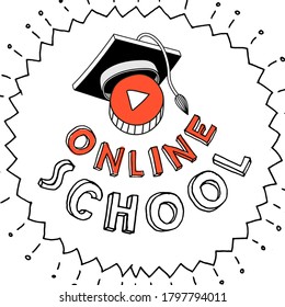 Online school. Square size doodle style poster.