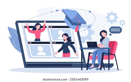 Online school students. Woman with laptop communicate with girls. Remote education and training, learning. Video call or conference. Webinar, lesson or lecture on internet. Flat vector illustration