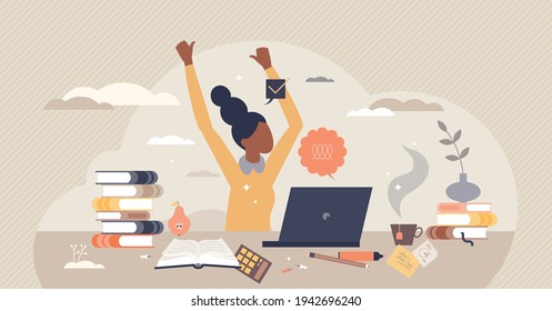 Online school study and distant educational web learning tiny person concept. E-learning and internet course for remote teaching and academic knowledge in virtual home lessons vector illustration.