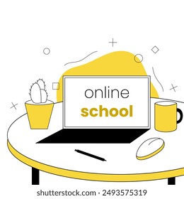 Online school, study, education, learning. Laptop on the table. Line art minimalistic vector illustration