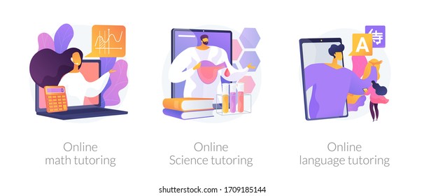 Online school subject learning abstract concept vector illustration set. Online math, science and language video tutoring, online education in quarantine, reach your academic goals abstract metaphor.