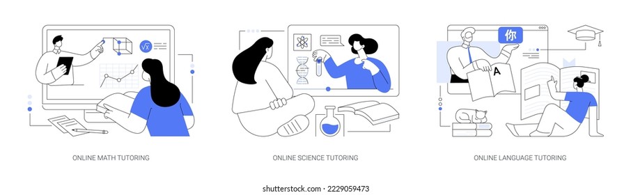 Online school subject learning abstract concept vector illustration set. Online math, science and language video tutoring, online education in quarantine, reach your academic goals abstract metaphor.