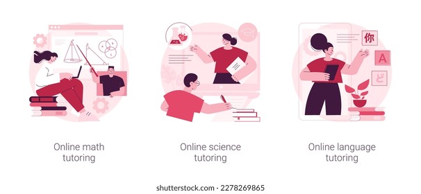 Online school subject learning abstract concept vector illustration set. Online math, science and language video tutoring, online education in quarantine, reach your academic goals abstract metaphor.