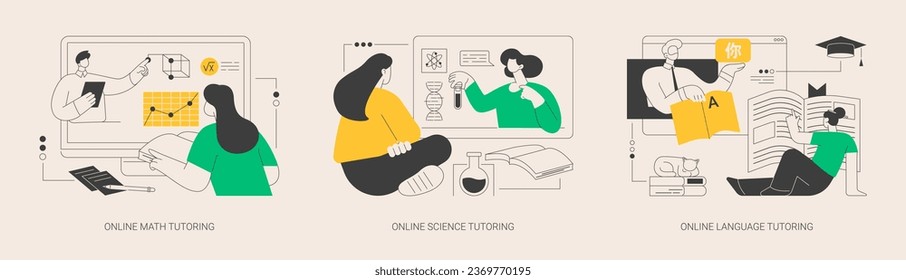 Online school subject learning abstract concept vector illustration set. Online math, science and language video tutoring, online education in quarantine, reach your academic goals abstract metaphor.