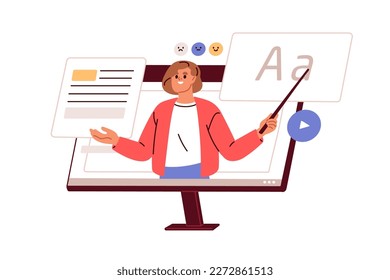 Online school teacher on computer screen. Internet course, distant training, video lesson. E-learning, digital education technology concept. Flat vector illustration isolated on white background