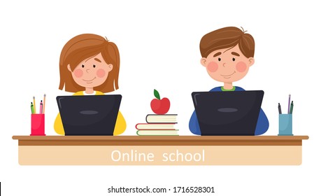 Online school. Teaching children online lessons. The boy and girl are engaged in lessons remotely. Vector illustration in cartoon flat style.