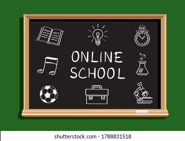 Online school text and symbols on blackboard. Back to school education signs on chalkboard. Distance home educate