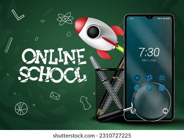 Online school text vector design. E learning online education using technology device for homeschooling. Vector illustration online class digital elements.