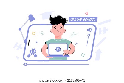 Online school theme. The boy holds a computer, a laptop in his hands. Element for the design of presentations, applications and websites. Trend illustration. Vector illustration