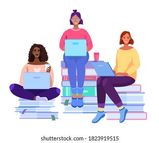 Online school or university education concept with studying women. Diverse students sitting on books working in internet with laptops. Virtual courses and teamwork illustration with diverse students