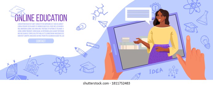 Online school or university education illustration with young black tutor, tablet screen, knowledge doodles. Virtual meeting or video call concept with talking teacher. Online education vector banner