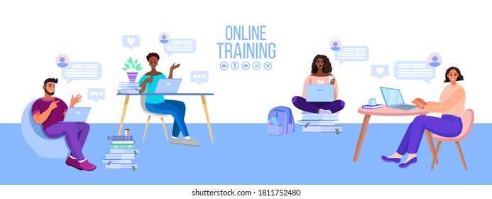 Online school or university education vector illustration with diverse students, classroom. Virtual meeting or internet teamwork banner with freelancers, laptops. Online education or training concept