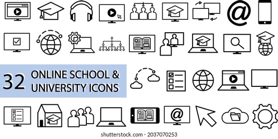Online school and university, e-learning themed set of icons