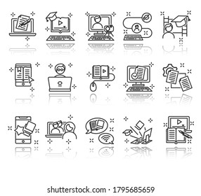 Online School and University Vector Flat Line Icons Set. Set of graduation cap, training, laptop, learn online, webinar and more.