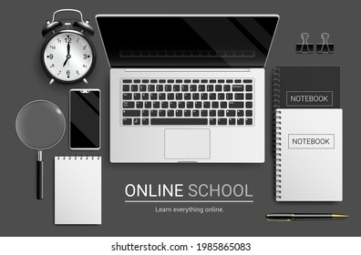 Online school vector banner design. Online school text with laptop, phone and notebook educational device elements for e-learning class and home study background. Vector illustration
