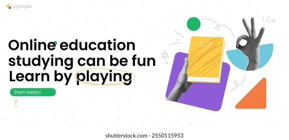 Online school vector banner with fun shape, book and halftone element hand. Template for education, university landing page.