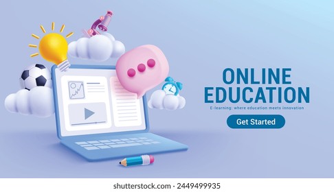 Online school vector design. Online education text with laptop computer elements for e learning courses and distance class website page background. Vector illustration online education design.
