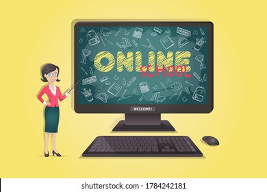 Online school vector illustration. Flat cartoon design. Teacher with a computer.