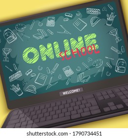 Online school vector illustration. Flat cartoon design with a laptop