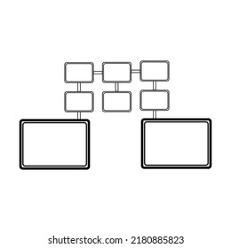 Escuela en línea a través de un signo de computadora. Muchas pantallas