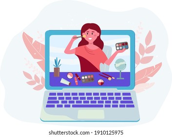 Online school, visage courses. Female blogger, freelancer of the fashion industry teaches how to do makeup from home online on his channel, blog. Vector graphics