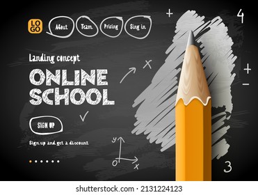 Banner web de la Escuela en línea. Tutoriales y cursos de Internet digital, educación en línea, e-learning. Ilustración vectorial de estilo Doodle