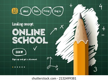 Online School web banner. Digital internet tutorials and courses, online education, e-learning. Doodle style vector illustration