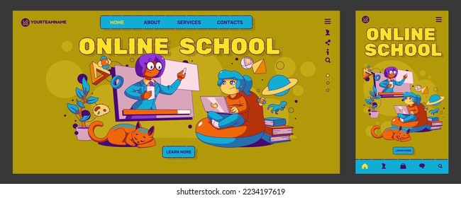 Online school website templates set. Contemporary vector illustration of happy kid sitting home with laptop, having lesson with teacher via internet. Landing page for computer and mobile gadget