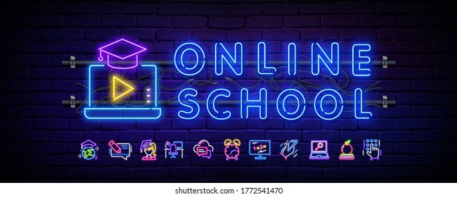 Online school welcome greeting card design neon vector template. Modern fashion design, the beginning of the school year neon sign. Neon icons on a school theme. Vector